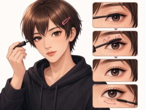 女装男子がマスカラを塗る手順を説明したイラスト。上まつ毛にブラシを当てて塗る様子、根元から毛先へ動かすイメージ、仕上がったまつ毛、下まつ毛へ軽く塗る方法を順に示している。