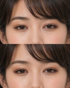 黒マスカラとブラウンマスカラを上下で比較した目元の写真。上は黒マスカラでまつ毛がはっきり濃く見え、下はブラウンマスカラでやわらかい印象に見える。