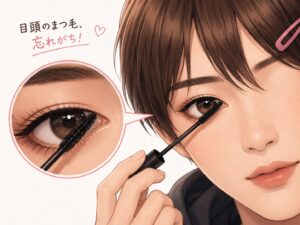 目頭側のまつ毛にマスカラを塗ることを説明したイラスト。女装男子がマスカラを持ち、目頭側のまつ毛にブラシを当てている。拡大図つきで、目頭のまつ毛は塗り忘れやすいポイントだと示している