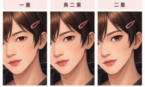 一重、奥二重、二重の目元を並べて比較したイラスト。まぶたの折り込み線が見えない一重、線があっても隠れやすい奥二重、線がはっきり見える二重の違いを示している。