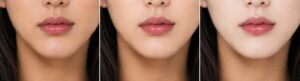 ファンデーションの色を比較した画像。左は首になじむ色、中央は少し明るめ、右は顔だけ白く浮いて見える色。