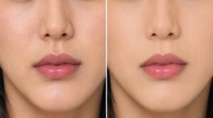 薄くファンデーションを塗って口まわりの青ヒゲが残る顔と、厚みはあるが肌全体がきれいにそろって見える顔の比較画像