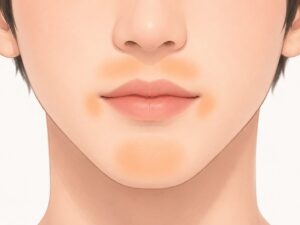 青ヒゲが出やすい鼻下、口角下、あごにだけオレンジ補正を薄く置いた顔の下半分の説明イラスト