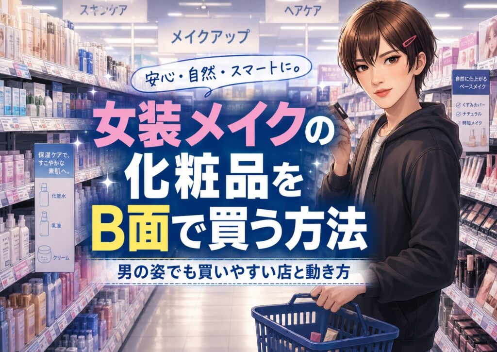 女装メイクの化粧品をB面で買う方法を示すトップ画像。男の姿でドラッグストアのコスメ売り場に立ち、下地やファンデーションを選ぼうとしている様子