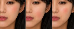  チークを入れる位置の比較画像。左は頬の高い位置に自然に入れた例、中央は下に入れすぎて顔の下半分が重く見える例、右は丸く入れすぎて頬だけが目立つ例