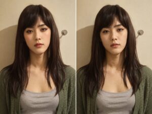シェーディングとチークの有無を比較した女装男子の画像。左はフェイスラインに薄い影と頬の高い位置にチークがあり、右はどちらも控えた状態。