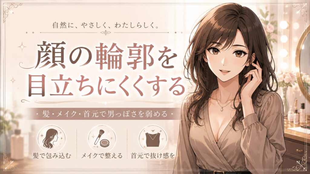 女装で顔の輪郭を目立ちにくくする方法を表したトップ画像。髪・メイク・首元を変えて男っぽさを弱めた女装男子。