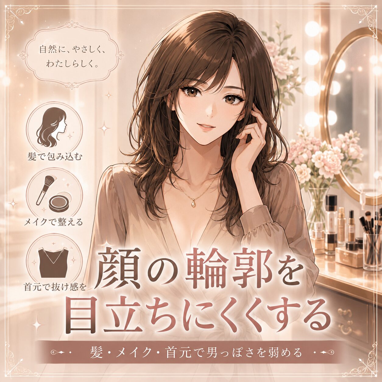 女装男子の顔の輪郭を髪・メイク・首元でカバーするアイキャッチ画像。顔の長さや横幅を目立ちにくくした姿。