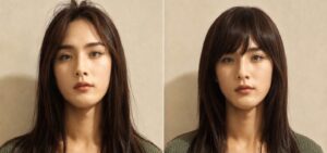 額を出した髪型と前髪を下ろした髪型を比較した女装男子の画像。左は額が広く出ており、右は眉付近まで前髪が下りている