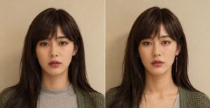 首元の詰まった服と、開いた首元に縦長イヤリングを合わせた女装男子の比較画像。左はクルーネック、右は鎖骨が出る服と細長いイヤリングを着けている。