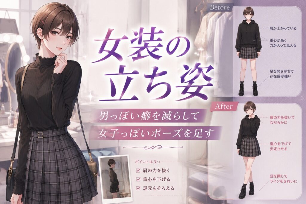 女装の立ち姿で男っぽい癖を減らし、身体の向きや重心で女子っぽいポーズを加える女装男子