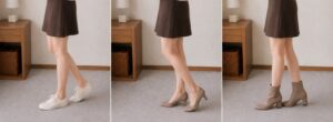 スニーカー、パンプス、ショートブーツで片足の置き方を変えた女装男子の脚元を並べた比較写真