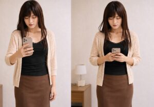 片手でスマホを持つ姿と両手で軽くスマホを持つ姿を比較した女装男子の上半身写真