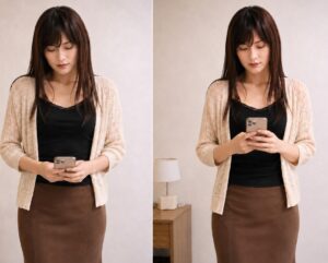 スマホを低い位置で持つ姿と胸の少し下で持つ姿を比較した女装男子の上半身写真
