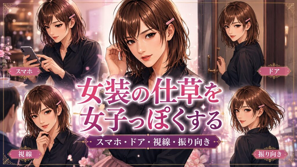 スマホ・ドア・視線・振り向きの仕草に女子っぽさを足す女装男子のイラスト
