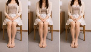 胸を張った姿勢、背中を丸めた姿勢、腰を軽く立てた姿勢を比較した女装男子の座り姿