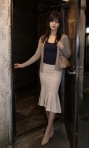 ドアを開けながらバッグを持ち、最初の一歩を小さく入れる女装男子の立ち姿