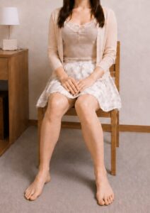 ノーストッキングで裸足のまま座り、膝やふくらはぎの筋肉感が見える女装男子の脚元