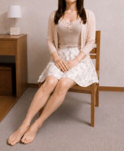 スカートで脚全体を大きめに斜めへ流して座る女装男子の写真