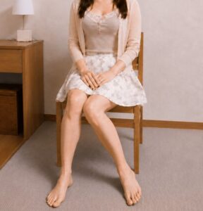片方の膝を内側へ入れて左右の脚に差をつけた女装男子の座り姿