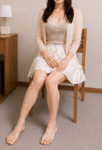 スカート姿で片足を少し引き、左右の脚に差をつけて座る女装男子の写真