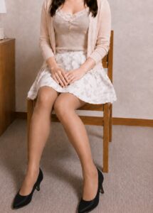 ストッキングと黒いヒールを履き、スカートで座る女装男子の脚元