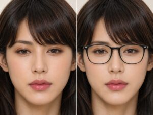 前髪のあるウィッグで、メガネなしとメガネありの目元を比較した画像。フレームが眉下に重なり、目元の男っぽさを弱めている。