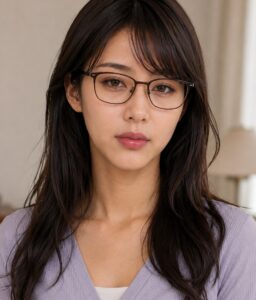 角があるブラウン系メガネをかけた女装写真。直線的なフレームで目元がはっきりする例