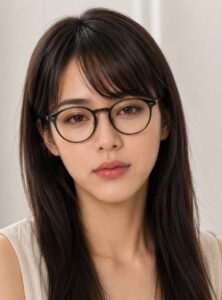 丸みがある黒縁メガネをかけた女装写真。前髪と丸いフレームで目元がやわらぐ例。