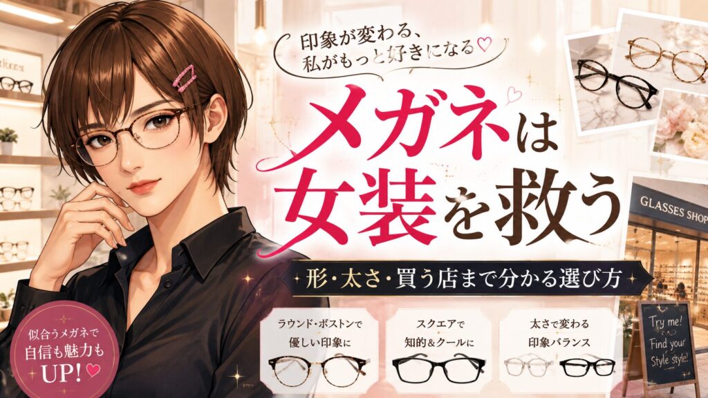メガネは女装を救うというタイトル入りのトップ画像。女装男子がメガネをかけ、形や太さで顔まわりの雰囲気が変わることを示している