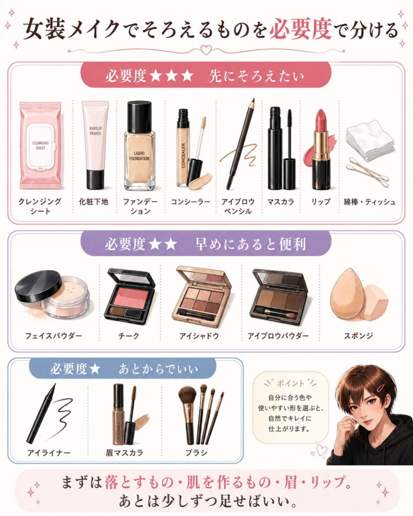 女装メイクでそろえるものを必要度別に分けた一覧。クレンジングシート、化粧下地、ファンデーション、コンシーラー、アイブロウ、マスカラ、リップなどを優先度ごとに整理している図解