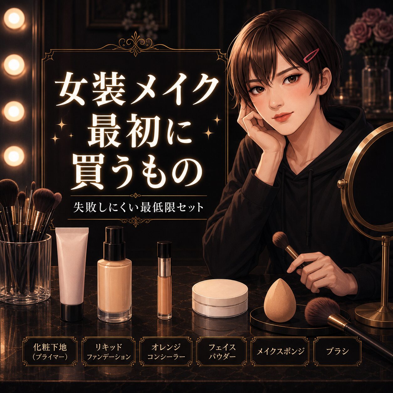 女装メイクに必要なものを紹介するアイキャッチ画像。女装男子とコスメを配置し、初めてそろえるメイク道具の順番が分かるデザイン