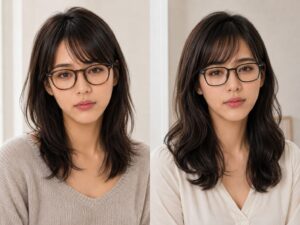 ブラウンメガネと黒縁メガネをかけた女装写真の比較。左はブラウンで髪や眉になじみ、右は黒縁で目元のフレームがはっきりしている