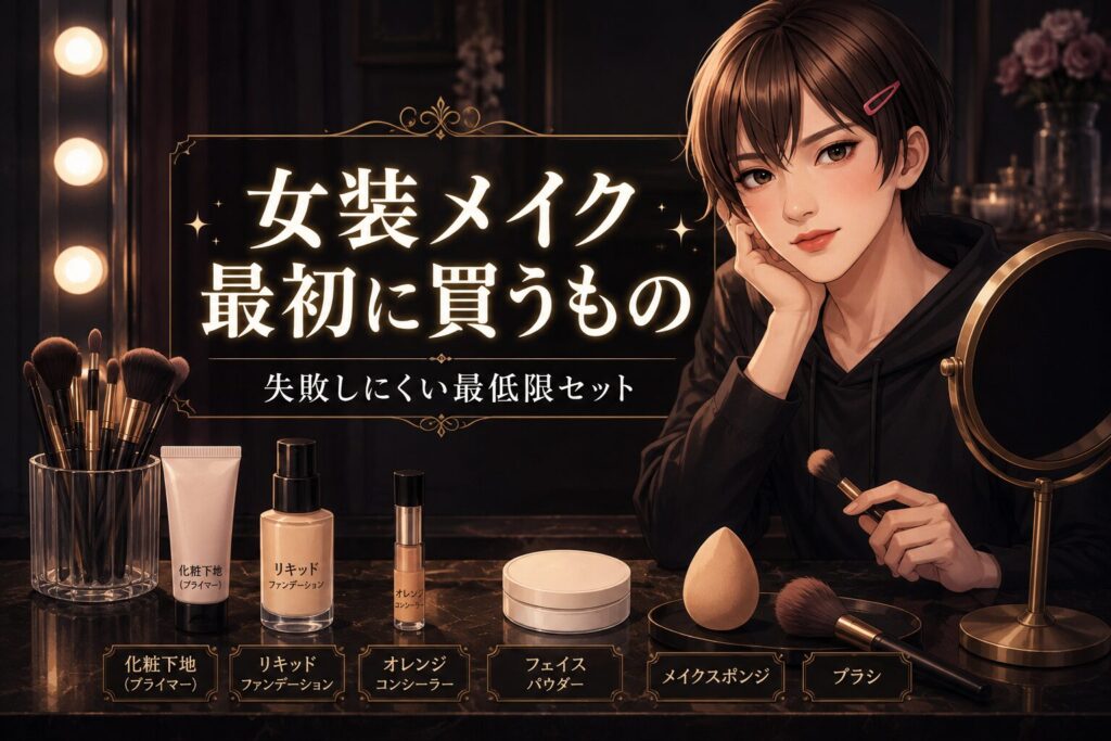 女装メイクに必要なものをテーマにしたトップ画像。女装男子とメイク道具を背景に、最初に買う順番と最低限セットを紹介している