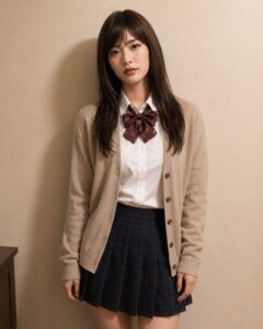 ベージュのカーディガンに白シャツ、赤系リボン、紺チェックのプリーツスカートを合わせた女装男子の制服コーデ