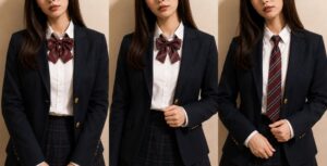 紺ブレザーとプリーツスカートに赤系リボン、赤系ネクタイを合わせ、右端にワッペンとスクールバッグを加えた3段階の制服コーデ比較