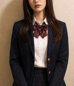 紺ブレザーと白シャツ、赤系リボン、紺チェックのプリーツスカートを合わせた制服コーデ