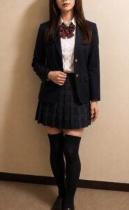 紺ブレザー、赤系リボン、紺チェックのプリーツスカート、黒ニーハイ、ローファーを合わせた女装男子の制服コーデ