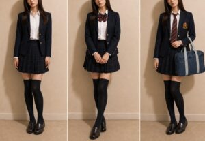 紺ブレザーとチェックのプリーツスカートに、首元の飾りなし、赤系リボンあり、赤系ネクタイとエンブレムワッペンと青いスクールバッグありを並べた女装男子の制服コーデ比較