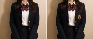 紺ブレザーと赤系リボン、紺チェックのプリーツスカートに、エンブレムワッペンなしとありを並べた制服コーデ比較