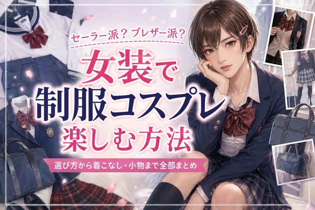 ブレザー制服を着た女装男子と、セーラー服やプリーツスカートなど制服コスプレの着方を紹介するトップ画像