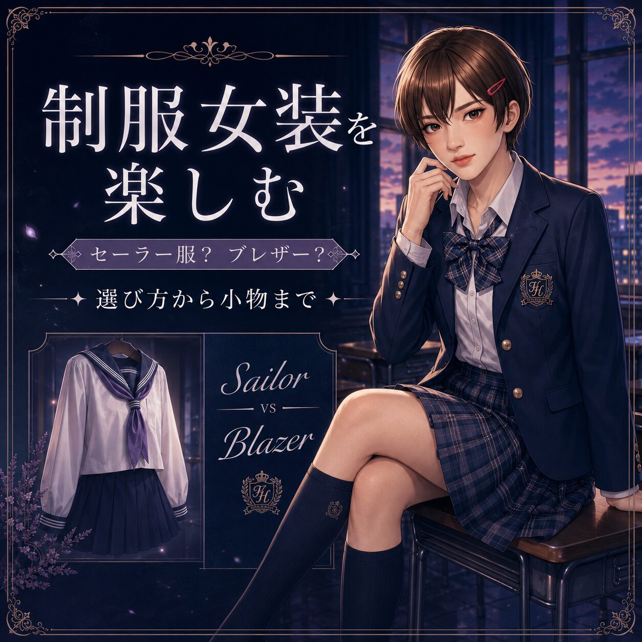 ブレザー制服姿の女装男子とリボン、ニーハイ、スクールバッグを描いた女装制服コスプレの記事アイキャッチ