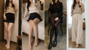 生脚・薄いストッキング・黒タイツ・パンツで脚の見える範囲を比べる女装男子
