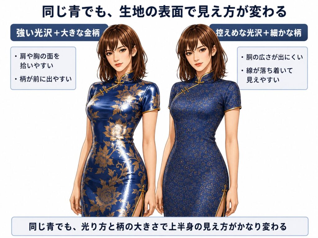 強い光沢と大きな金柄、控えめな光沢と細かな柄の青いチャイナ服を並べ、肩・胸・胴の広がりを比べた女装男子のイラスト