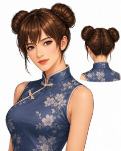チャイナ服に合わせた春麗風の左右お団子ヘアを正面と後ろから示したイラスト