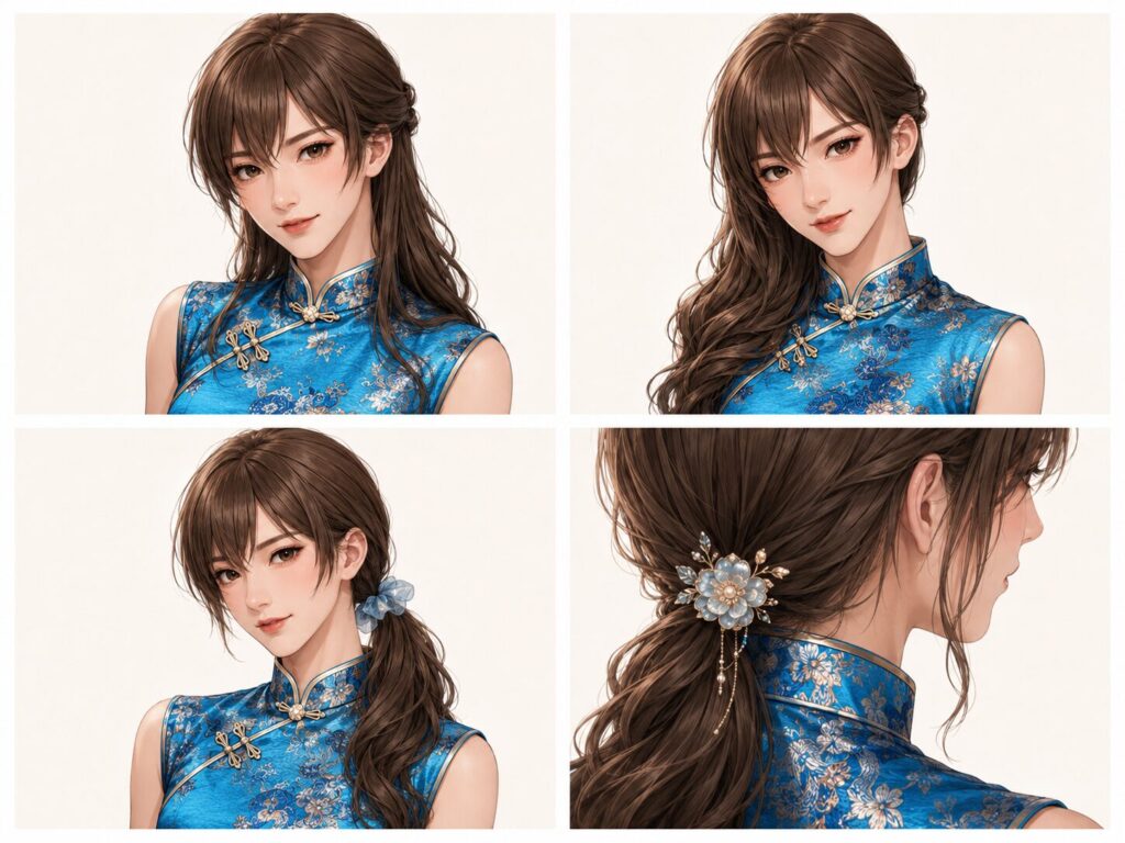 チャイナ服に合うハーフアップ、片側流し、低いひとつ結び、髪飾りの例を並べたイラスト