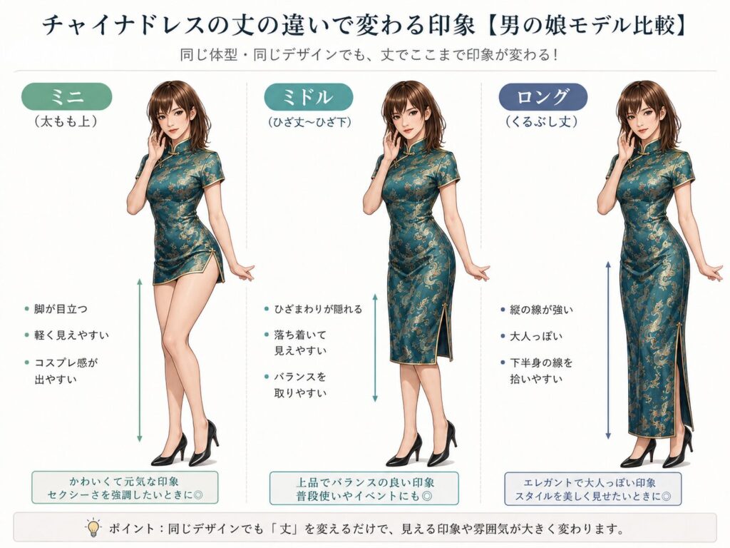 同じ青緑のチャイナ服をミニ丈・膝丈・くるぶし丈で並べ、脚の露出と全身の縦の長さを比べた女装男子のイラスト