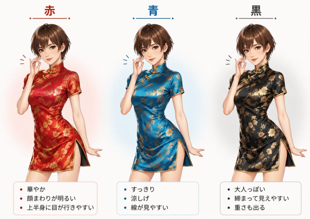 赤・青・黒の金柄チャイナ服を並べ、色による華やかさと重さの違いを比べた女装男子のイラスト
