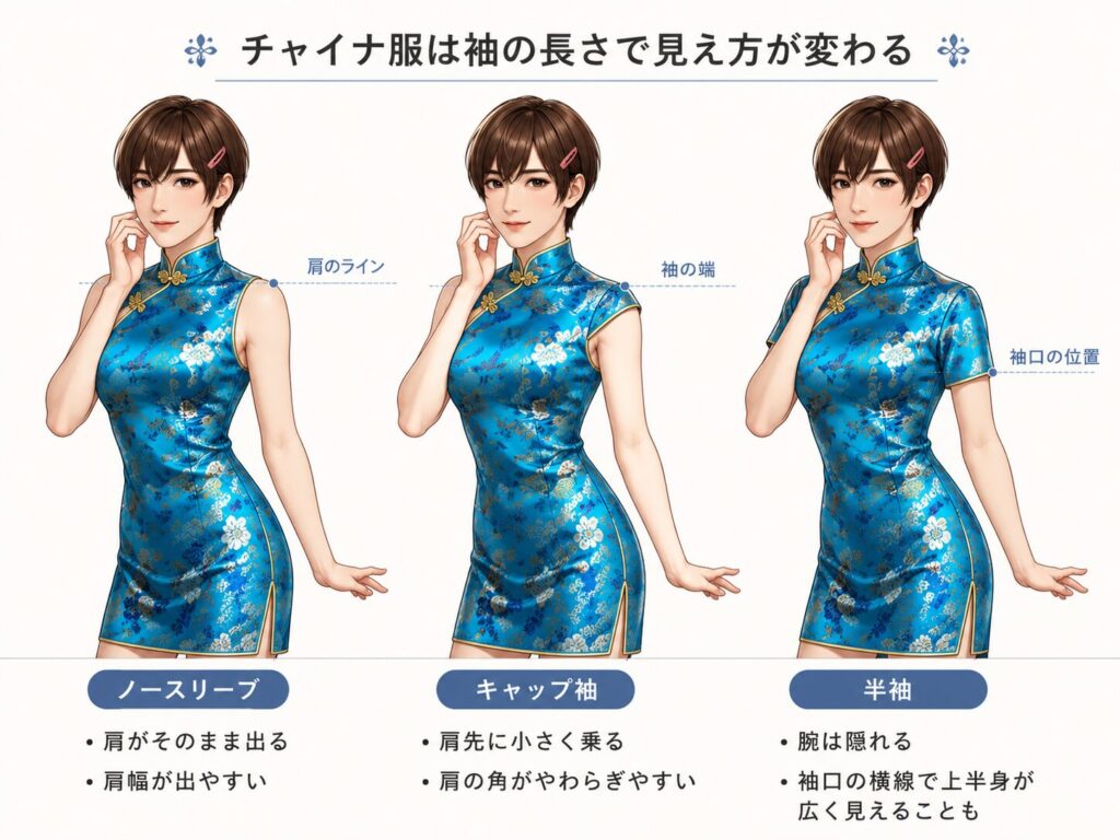 青いチャイナ服のノースリーブ・キャップ袖・半袖を並べ、肩幅と上半身の見え方を比べた女装男子のイラスト