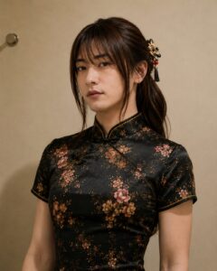 黒地に花柄のチャイナ服を着た女装男子が、ハーフアップに髪飾りを合わせた上半身写真